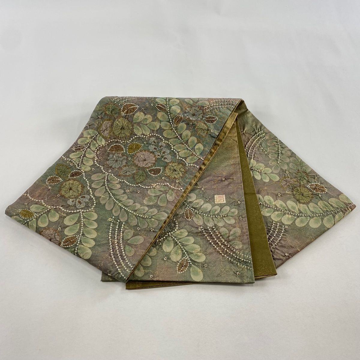 美品】 袋帯 名品 落款 辻が花 箔 茶緑色 お太鼓柄 正絹 【中古