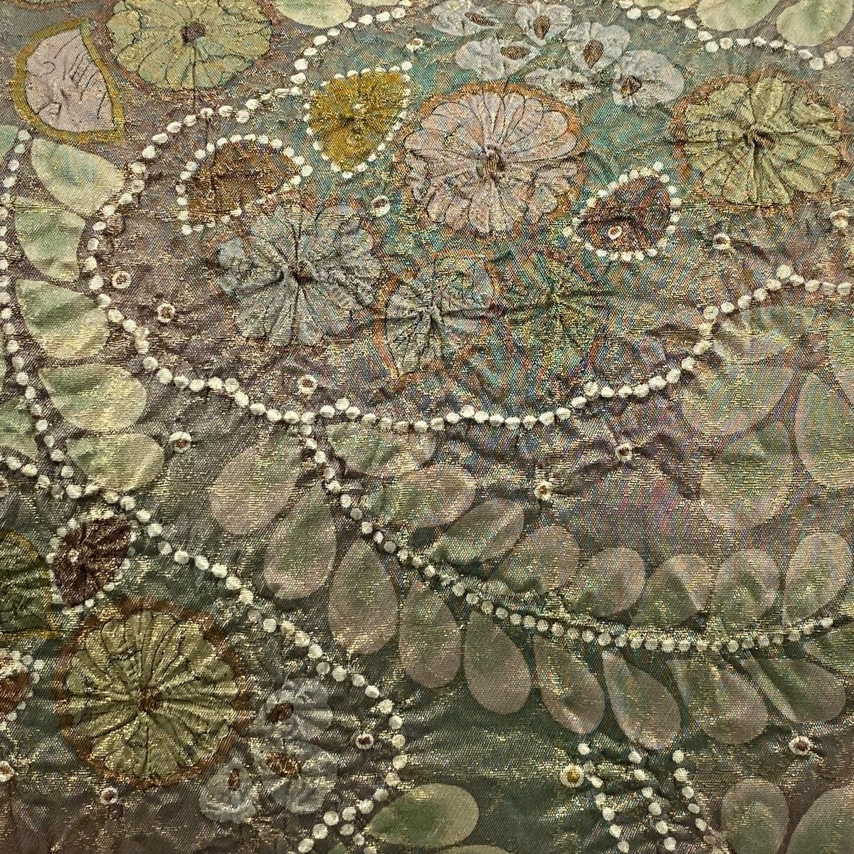 美品】 袋帯 名品 落款 辻が花 箔 茶緑色 お太鼓柄 正絹 【中古