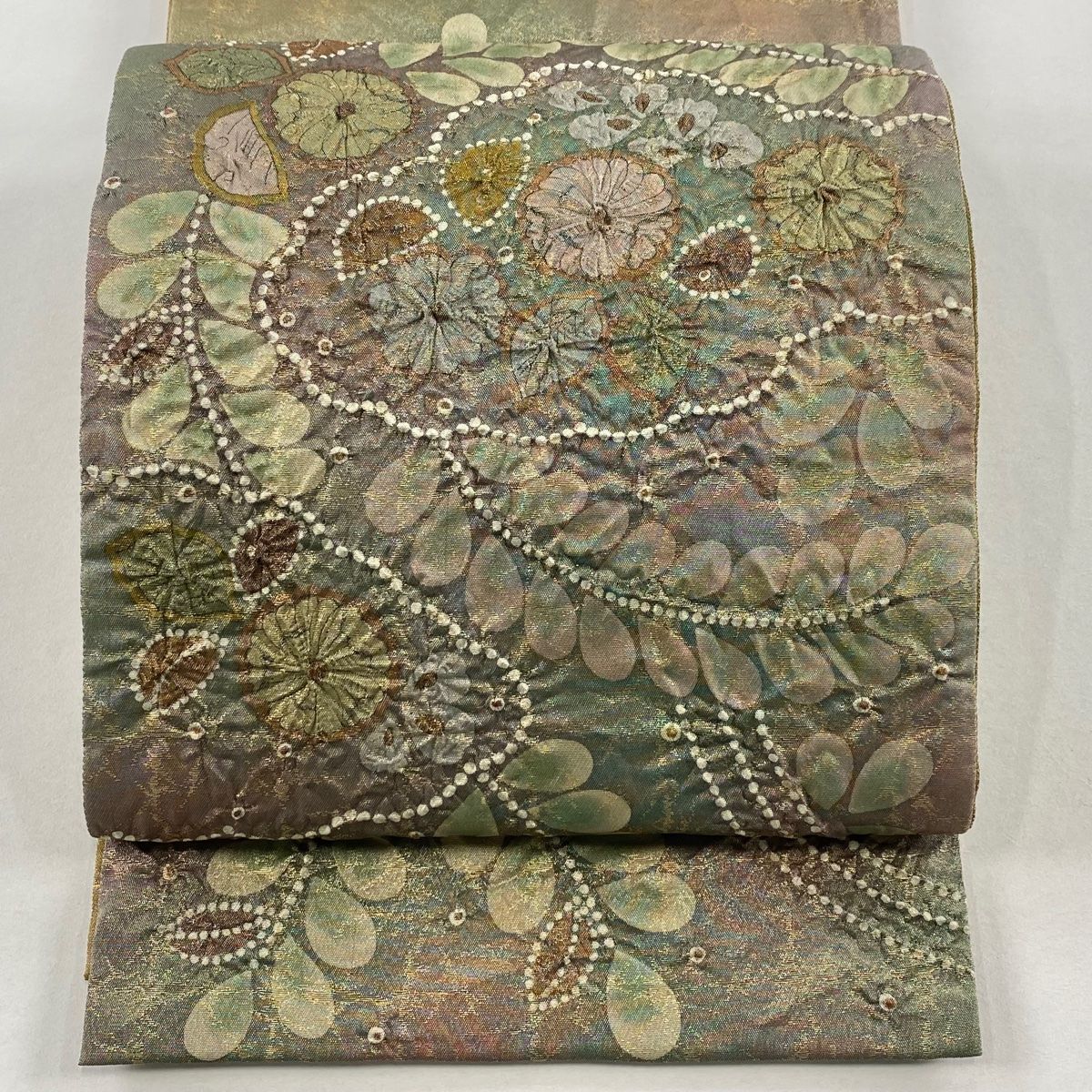 美品】 袋帯 名品 落款 辻が花 箔 茶緑色 お太鼓柄 正絹 【中古