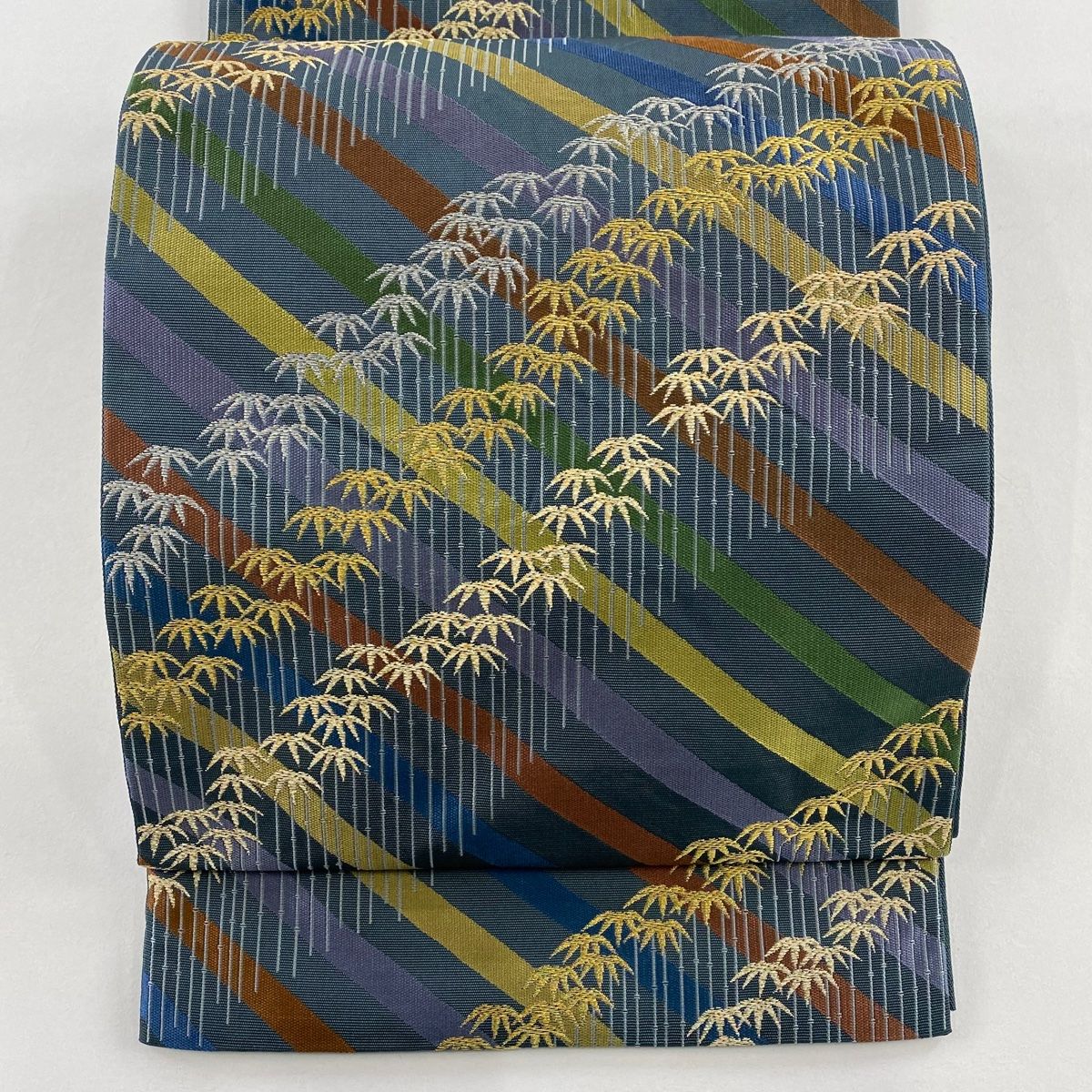 美品】 袋帯 秀品 川島織物 落款 竹 金銀糸 灰緑 六通 正絹 【中古