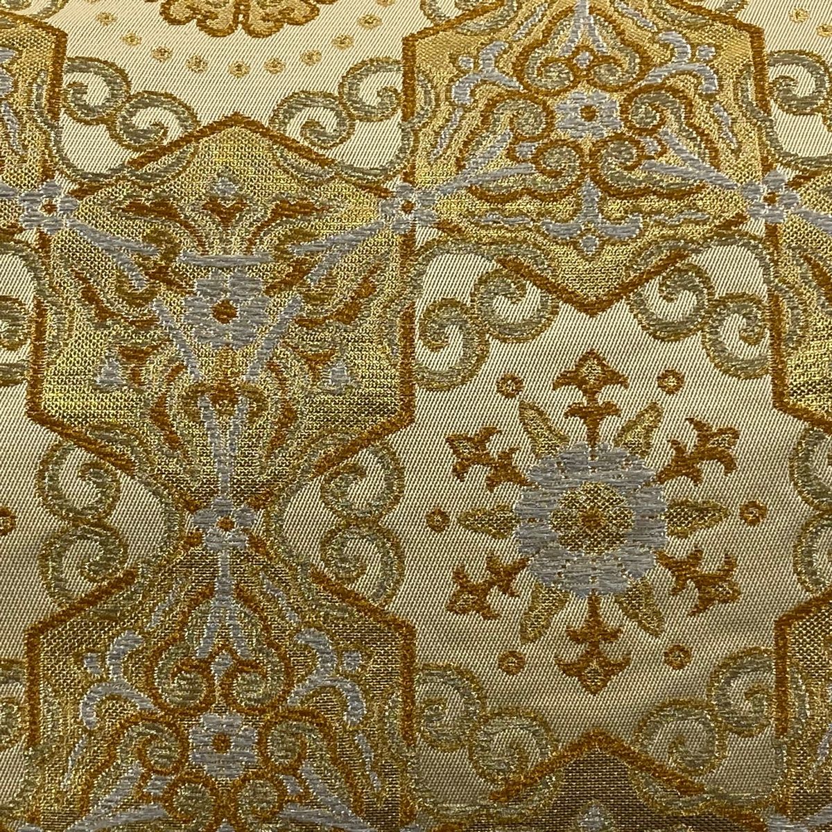 袋帯 龍村美術織物 落款 亀甲円つなぎ 華文 金銀糸 箔 薄黄 六通 正絹