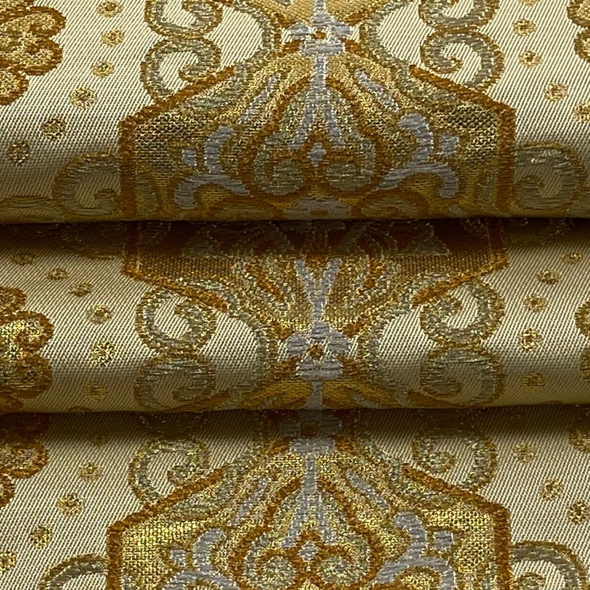  袋帯 龍村美術織物 落款 亀甲円つなぎ 華文 金銀糸 箔 薄黄 六通 正絹 袋帯 帯