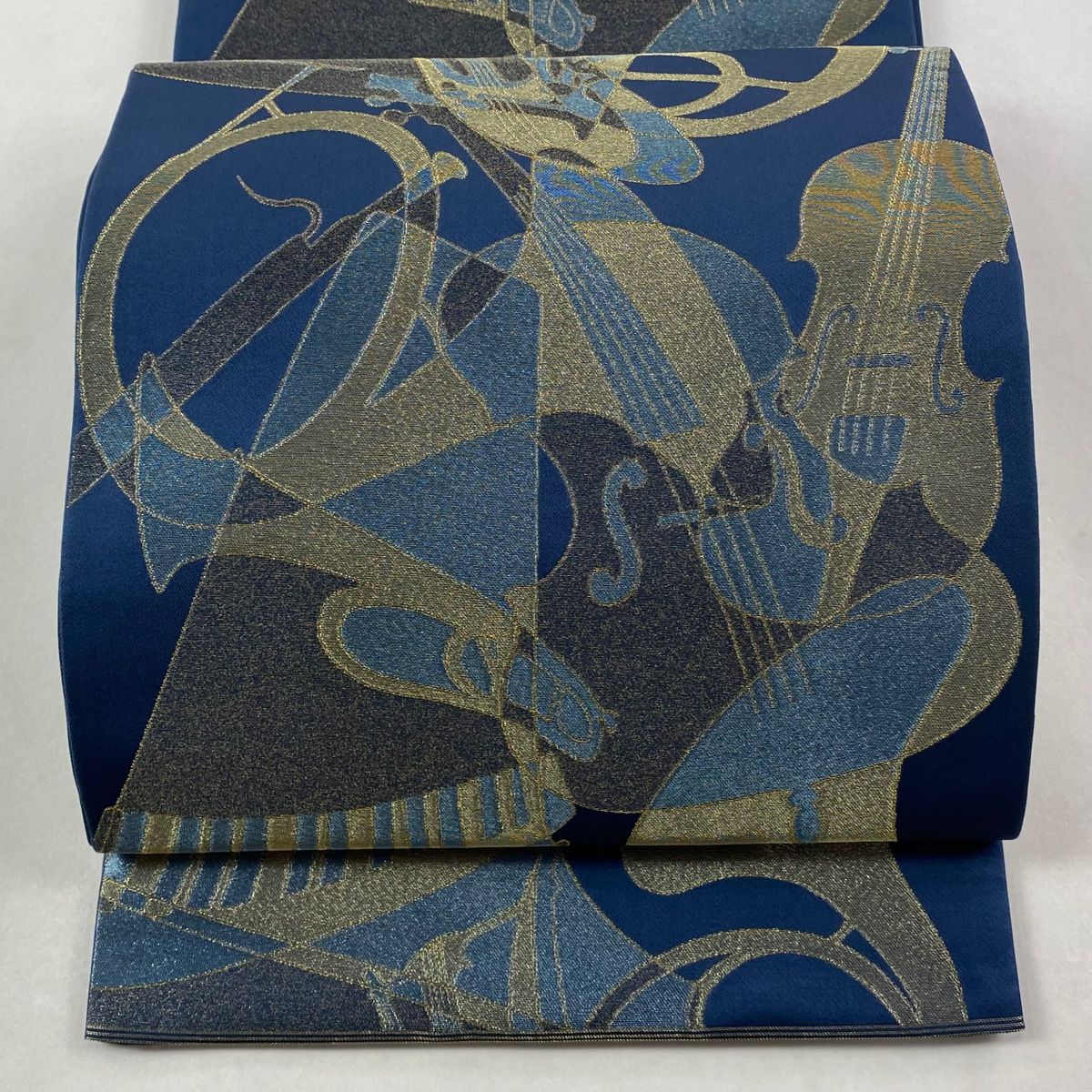 袋帯 川島織物 落款 関西仕立て 楽器 バイオリン 金糸 箔 紺色 六通 正絹