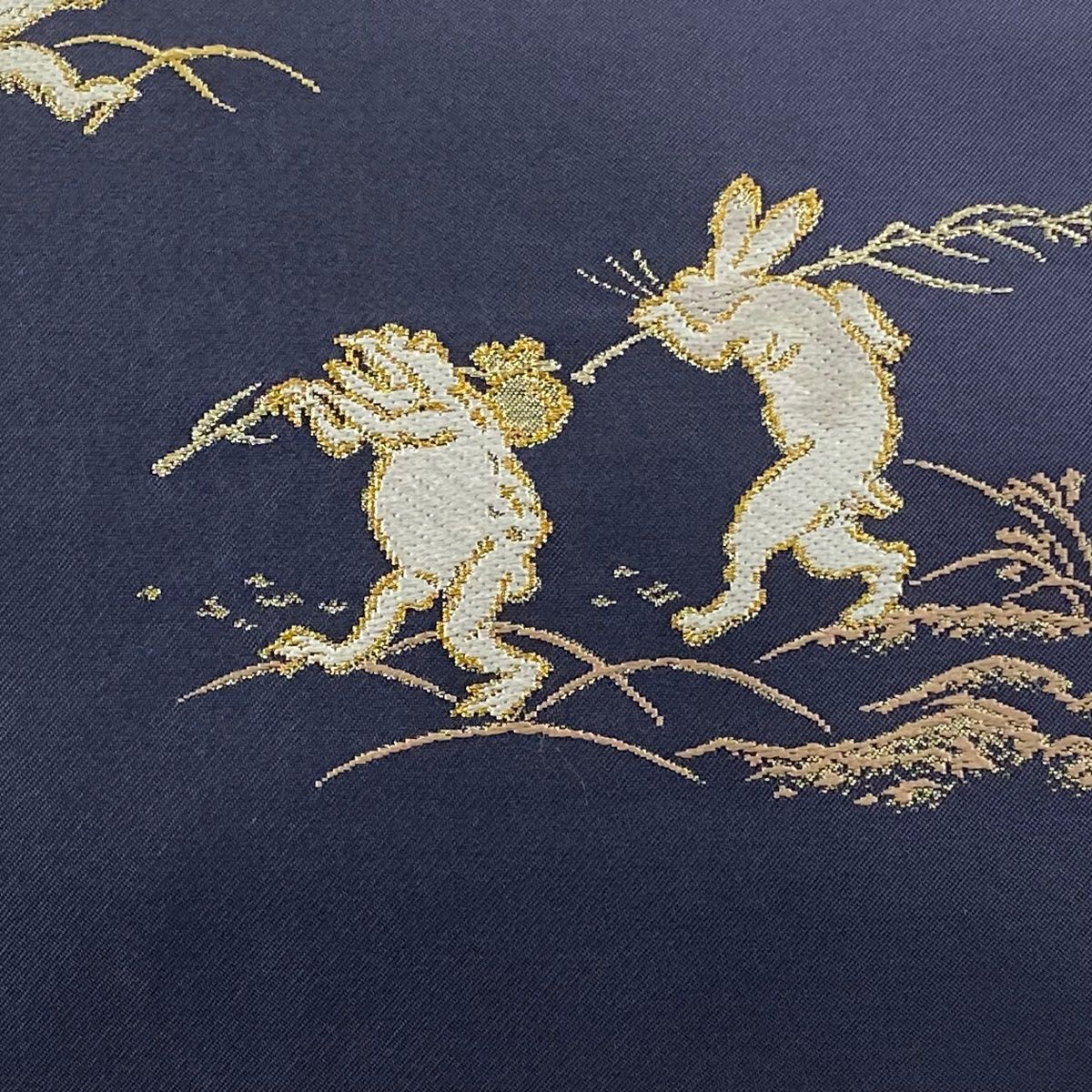 名古屋帯 鳥獣戯画 金糸 箔 青灰色 正絹