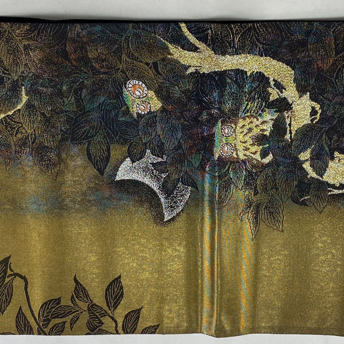 A 27未使用袋帯　金通し　フクロウ　月　着物　美品　フォーマル 美品】 袋帯 逸品 フクロウと月 枝葉 箔 金糸 金茶 お太鼓柄 正絹