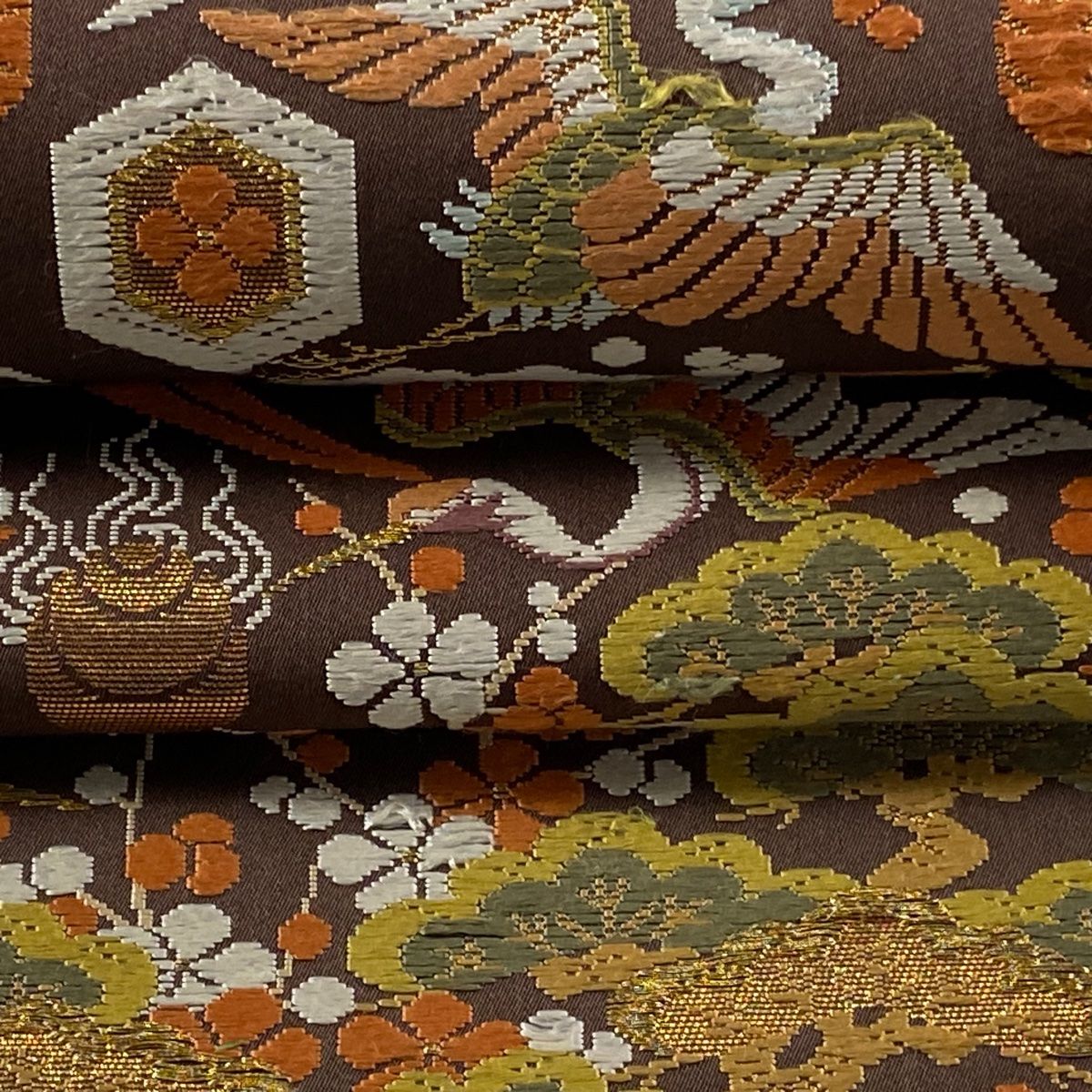 袋帯 逸品 河合美術織物 落款 松竹梅 宝尽くし 唐織 金糸 茶色 六通