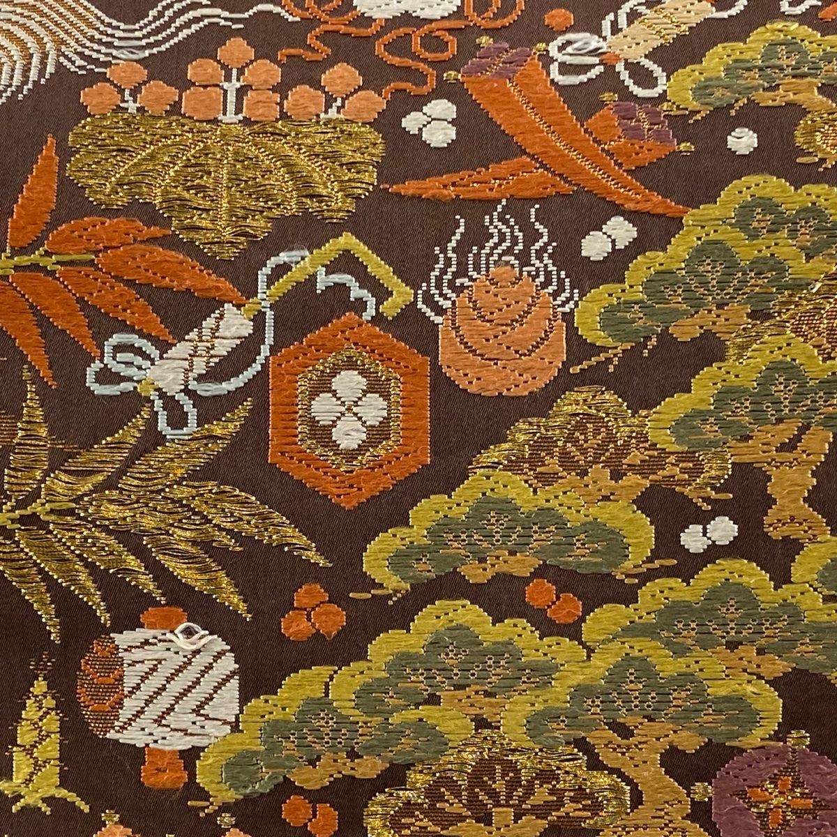 袋帯 逸品 河合美術織物 落款 松竹梅 宝尽くし 唐織 金糸 茶色 六通