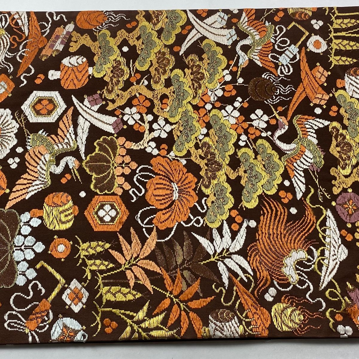 袋帯 逸品 河合美術織物 落款 松竹梅 宝尽くし 唐織 金糸 茶色 六通