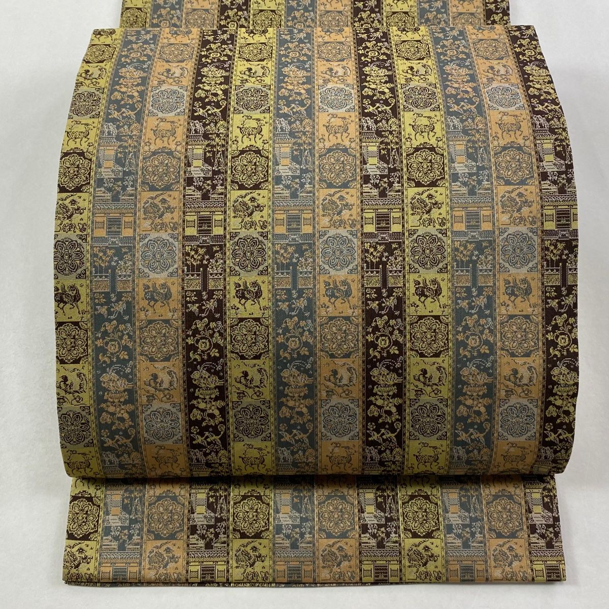 開き名古屋帯 龍村美術織物 紅牙瑞錦 金銀糸 灰茶 正絹