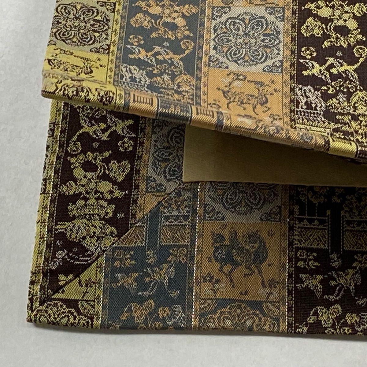  開き名古屋帯 龍村美術織物 紅牙瑞錦 金銀糸 灰茶 正絹 名古屋帯 帯