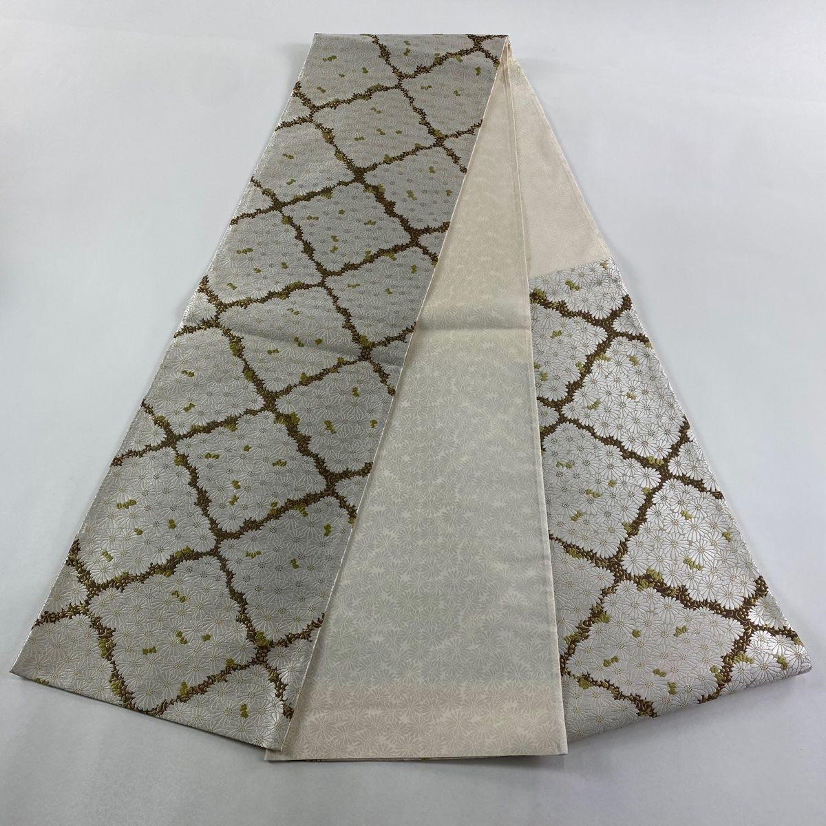  袋帯 落款 山口黎子監修 菊 斜め格子 唐織 金糸 白 六通 正絹 袋帯 帯