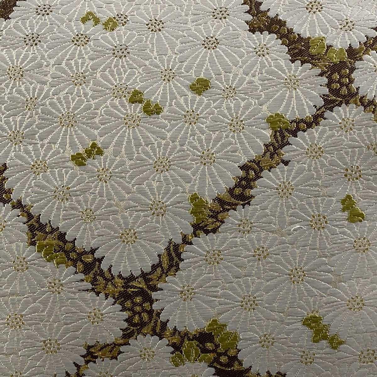 袋帯 落款 山口黎子監修 菊 斜め格子 唐織 金糸 白 六通 正絹