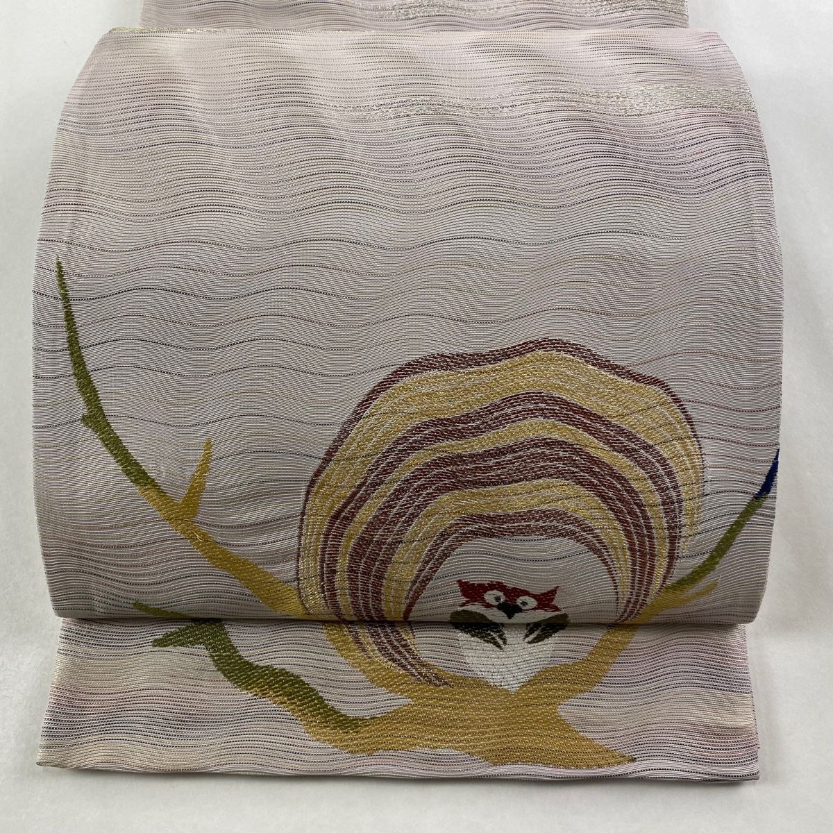 袋帯 フクロウ 霞 金銀糸 ラメ糸 薄紫 お太鼓柄 正絹