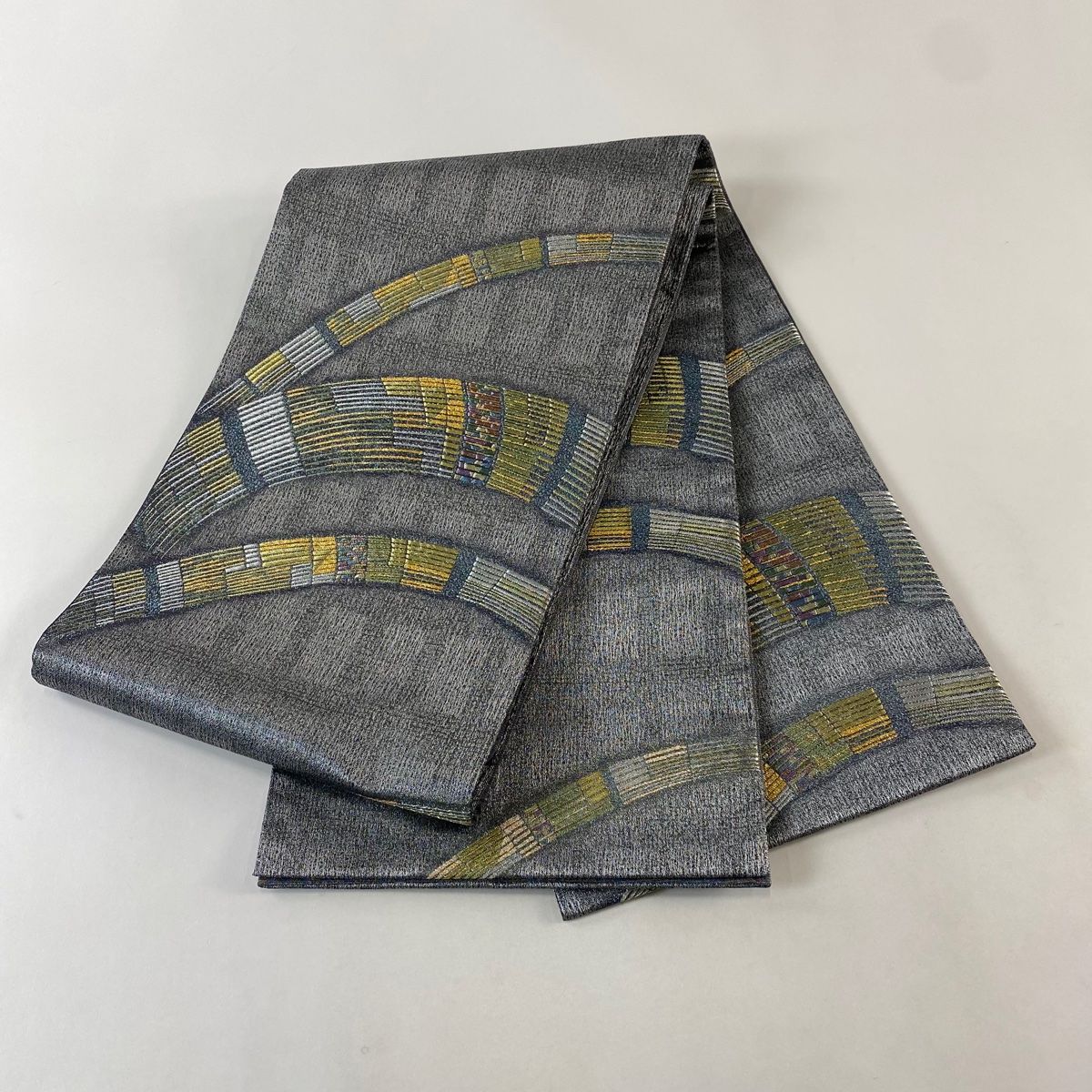  袋帯 幾何学 金銀糸 箔 灰色 六通 正絹 袋帯 帯