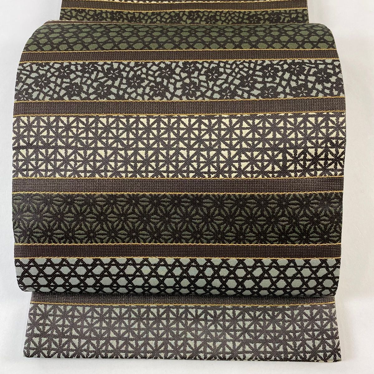 袋帯 段縞 花 金糸 茶色 全通 正絹