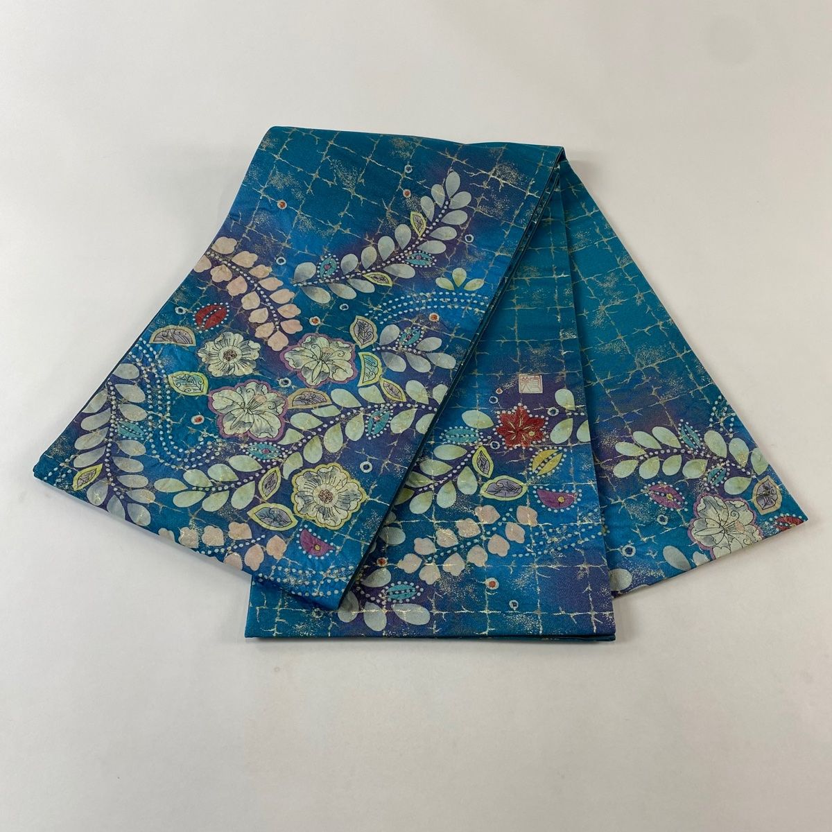 美品】 袋帯 名品 落款 辻が花 金糸 箔 青緑 お太鼓柄 正絹 【中古