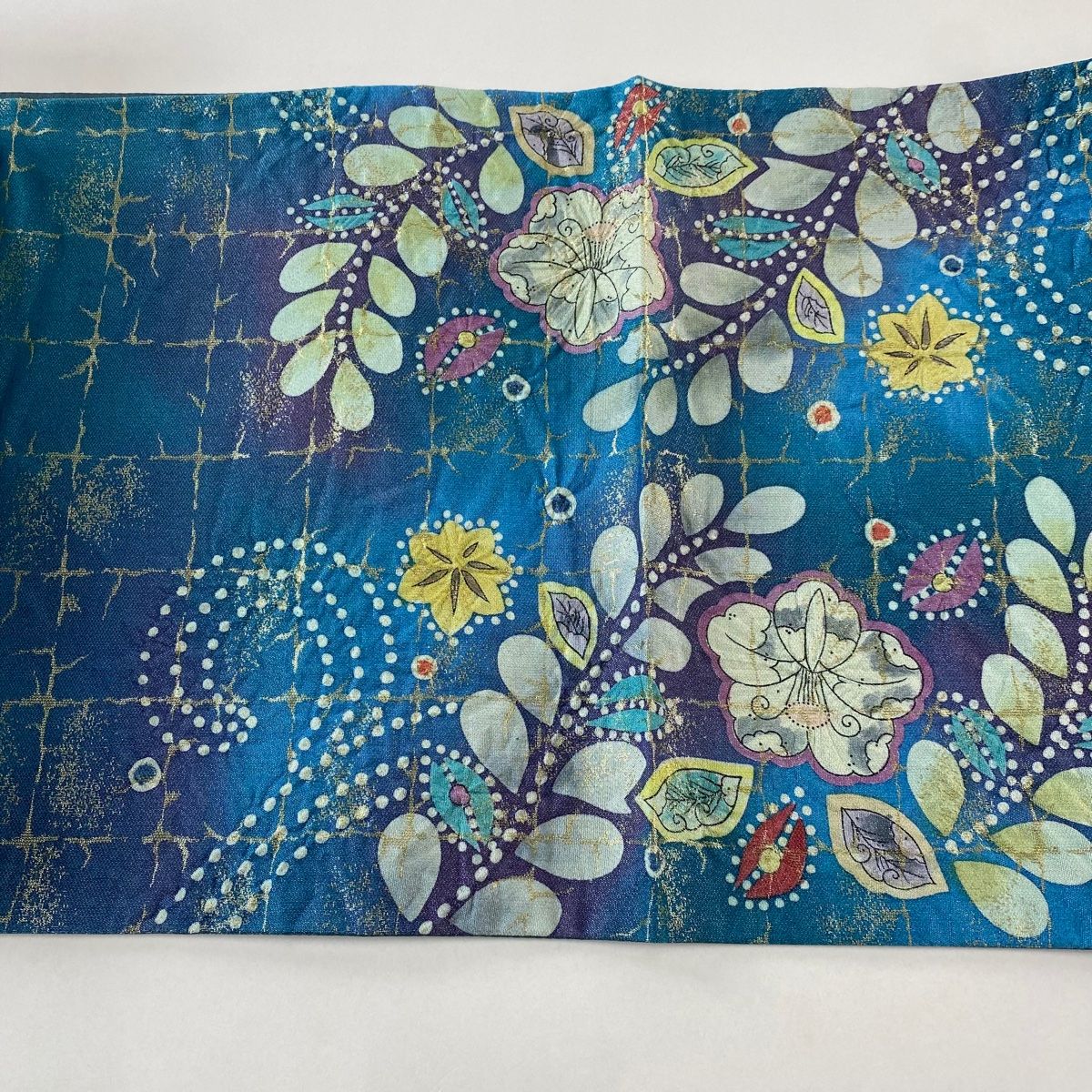 美品】 袋帯 名品 落款 辻が花 金糸 箔 青緑 お太鼓柄 正絹 【中古