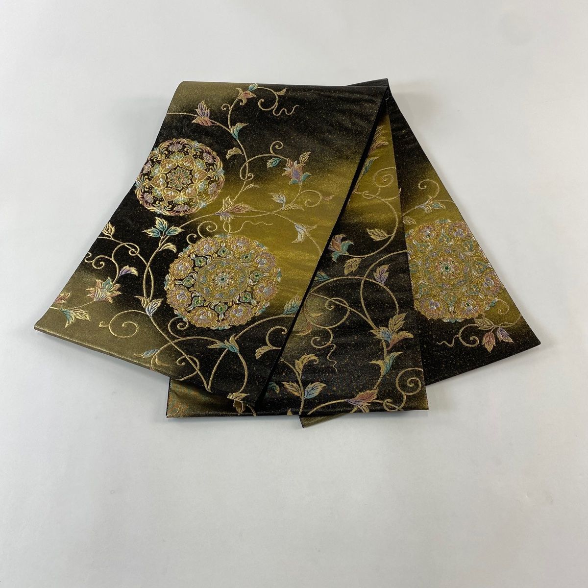 袋帯 じゅらく 落款 玉蟲貴人 華文 花唐草 金銀糸 黒 六通 正絹 袋帯 帯