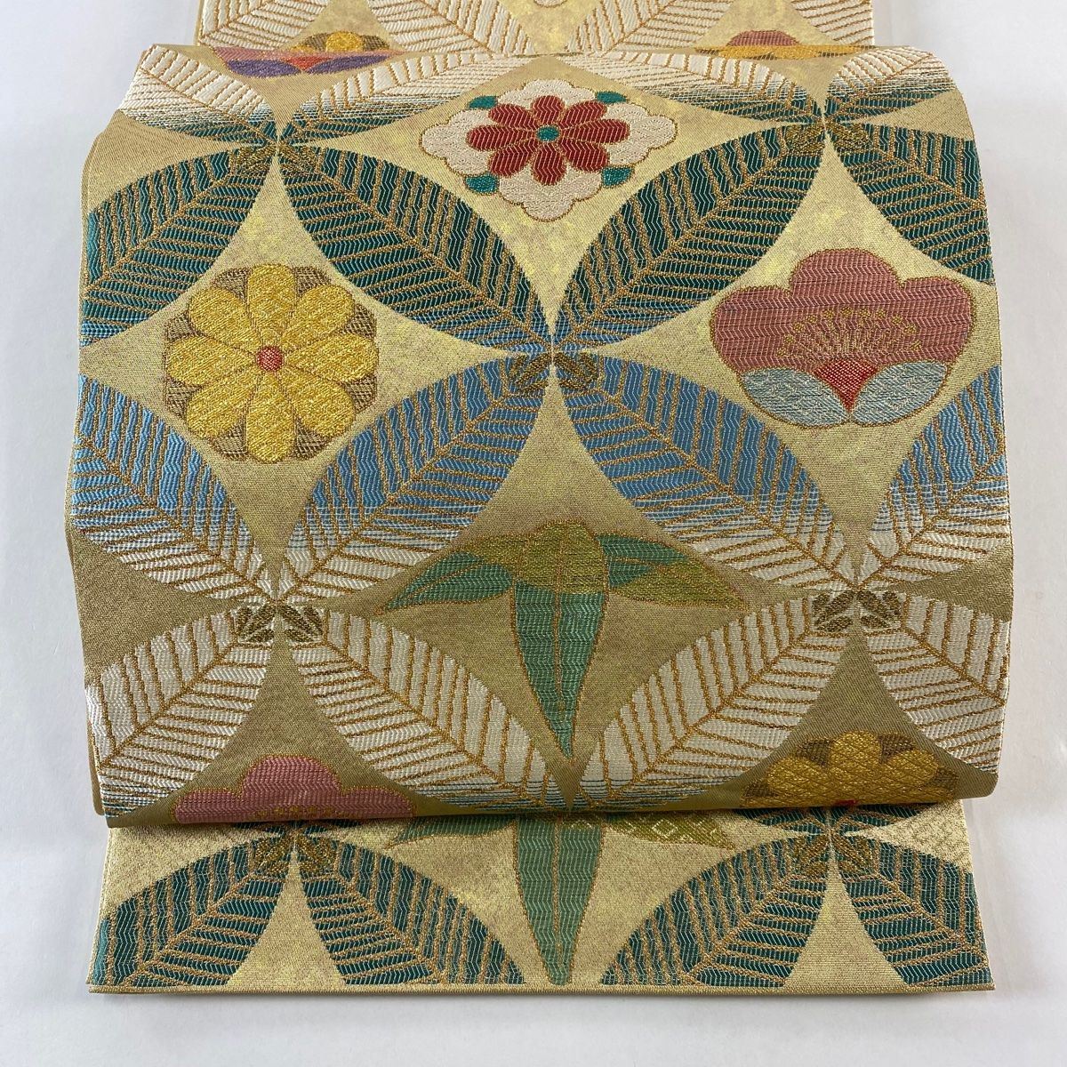 袋帯 落款 七宝 松竹梅 金糸 箔 金茶 六通 正絹