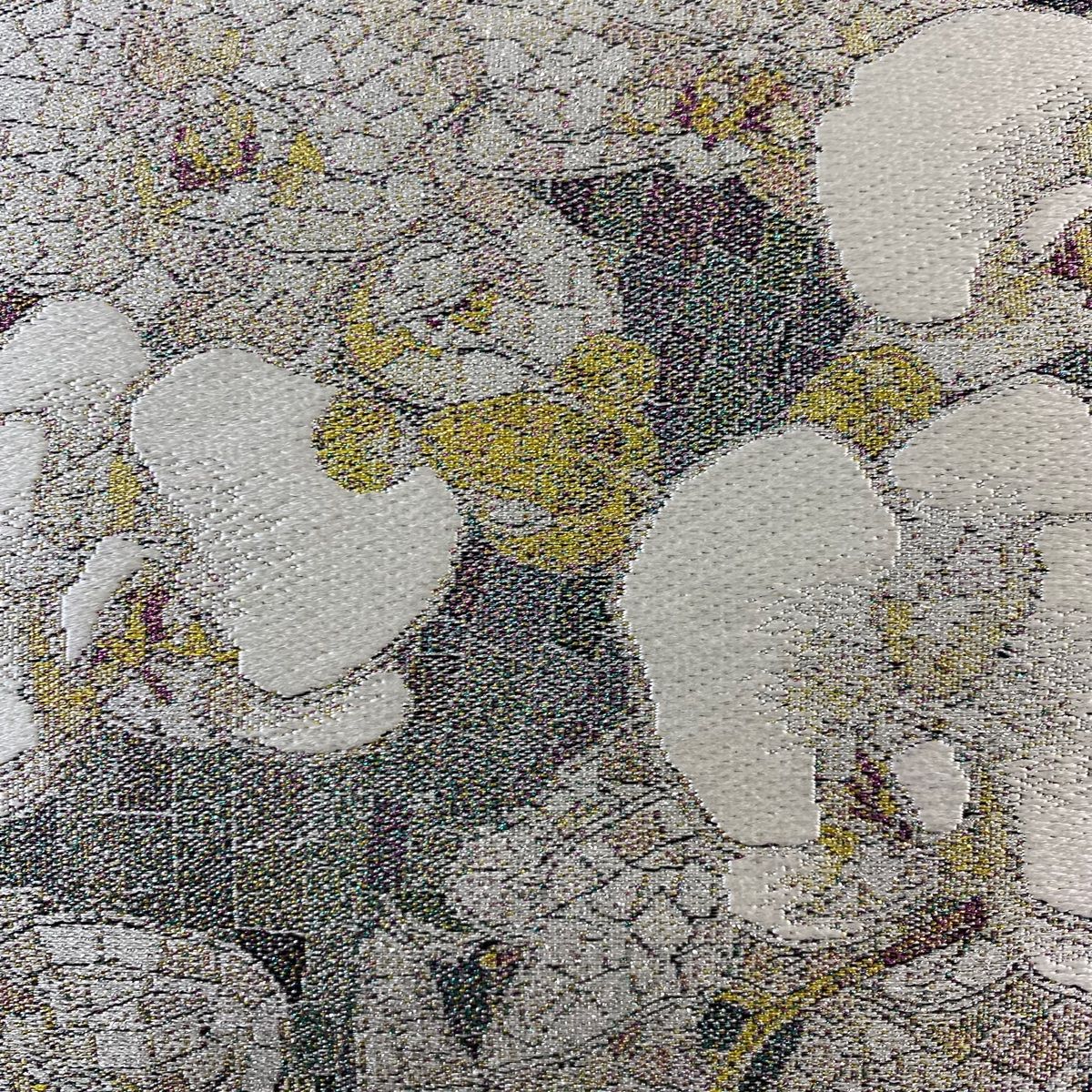 袋帯 リバーシブル 胡蝶蘭 箔 銀色 全通 正絹