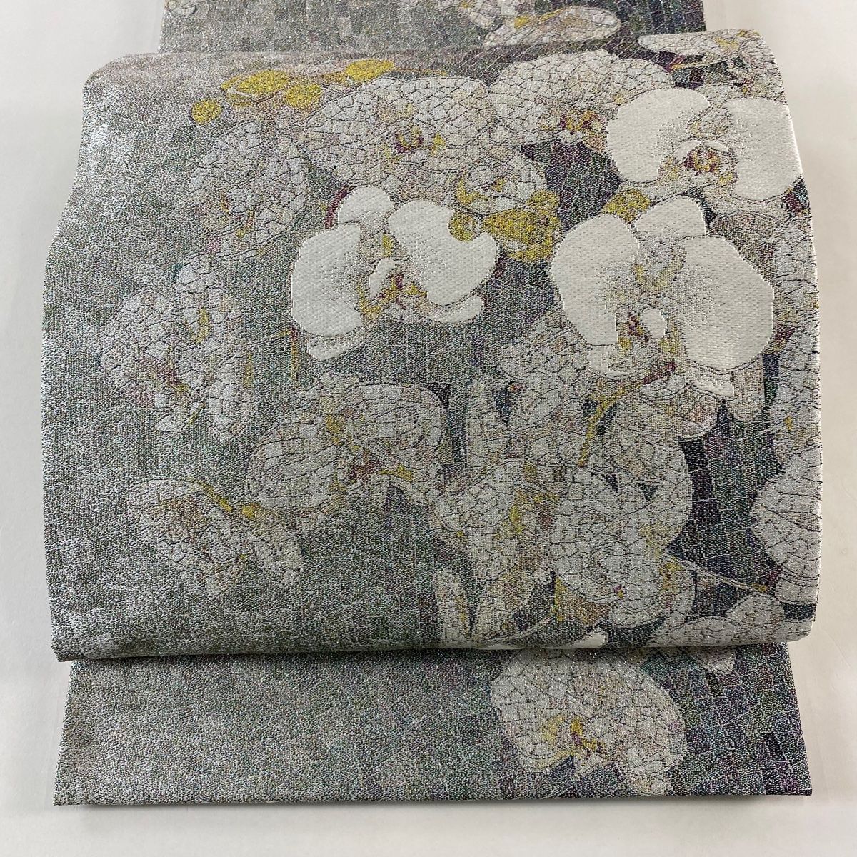 袋帯 リバーシブル 胡蝶蘭 箔 銀色 全通 正絹