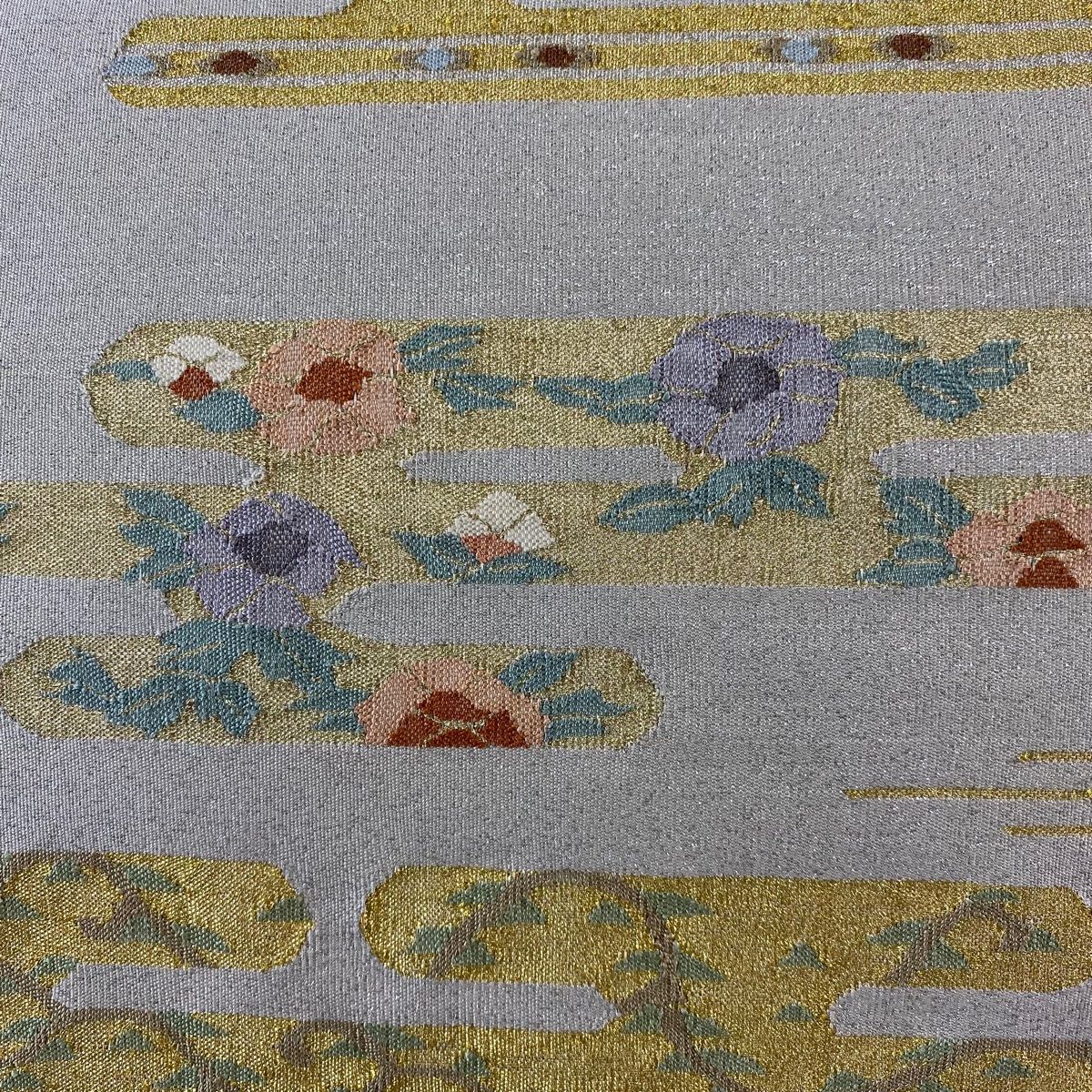 袋帯 ヱ霞 草花 金銀糸 灰色 お太鼓柄 正絹