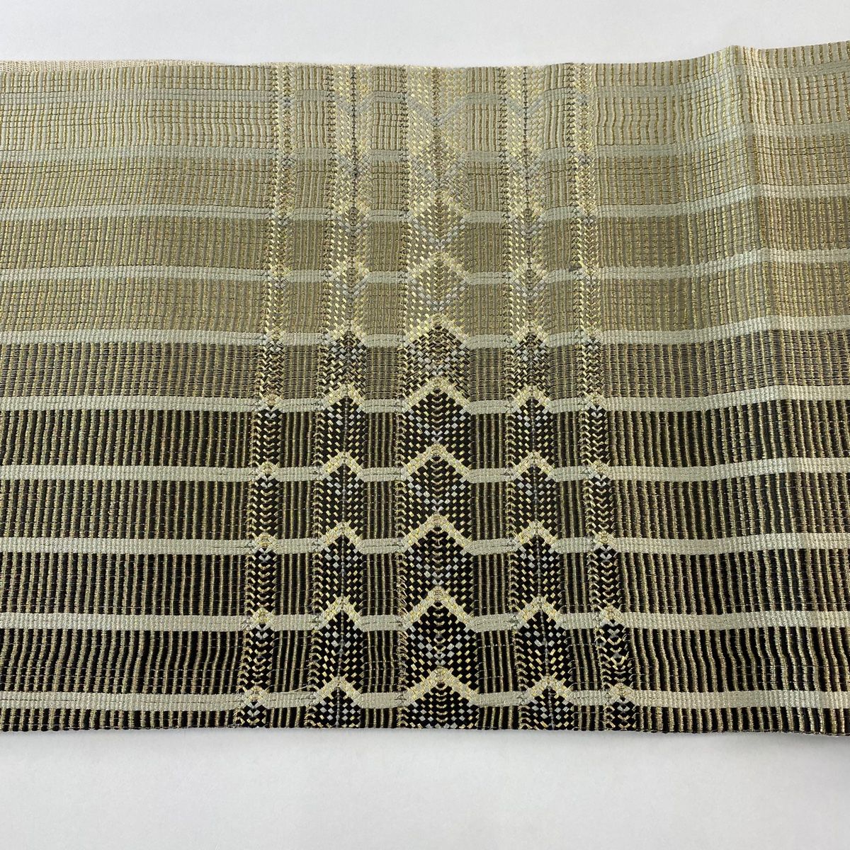  袋帯 ますいわ屋 縞 幾何学 金糸 鶯色 お太鼓柄 正絹 袋帯 帯
