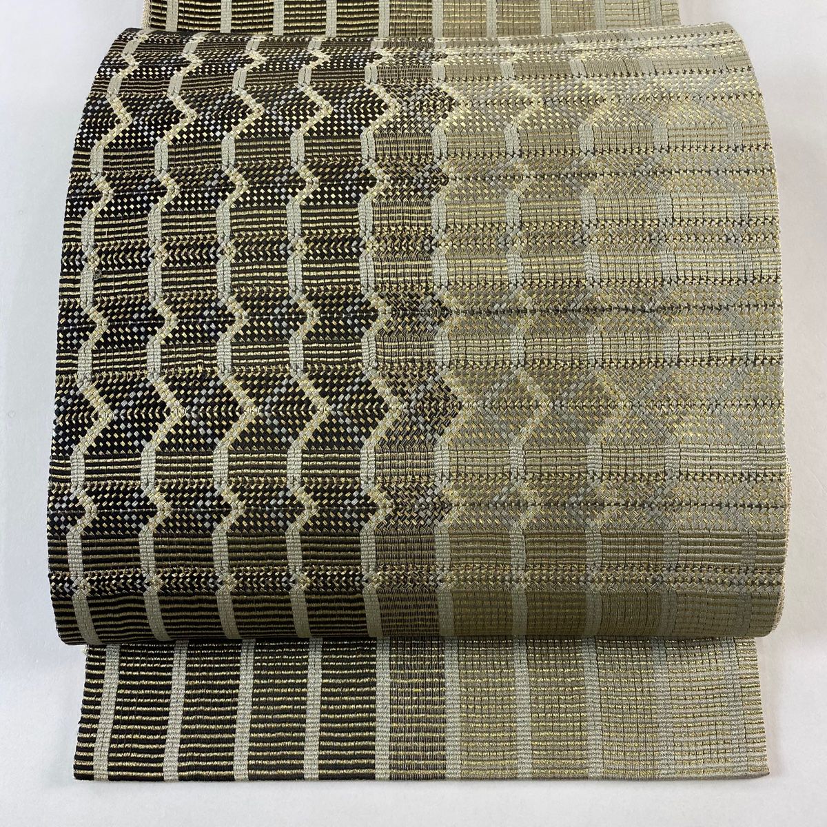 袋帯 ますいわ屋 縞 幾何学 金糸 鶯色 お太鼓柄 正絹