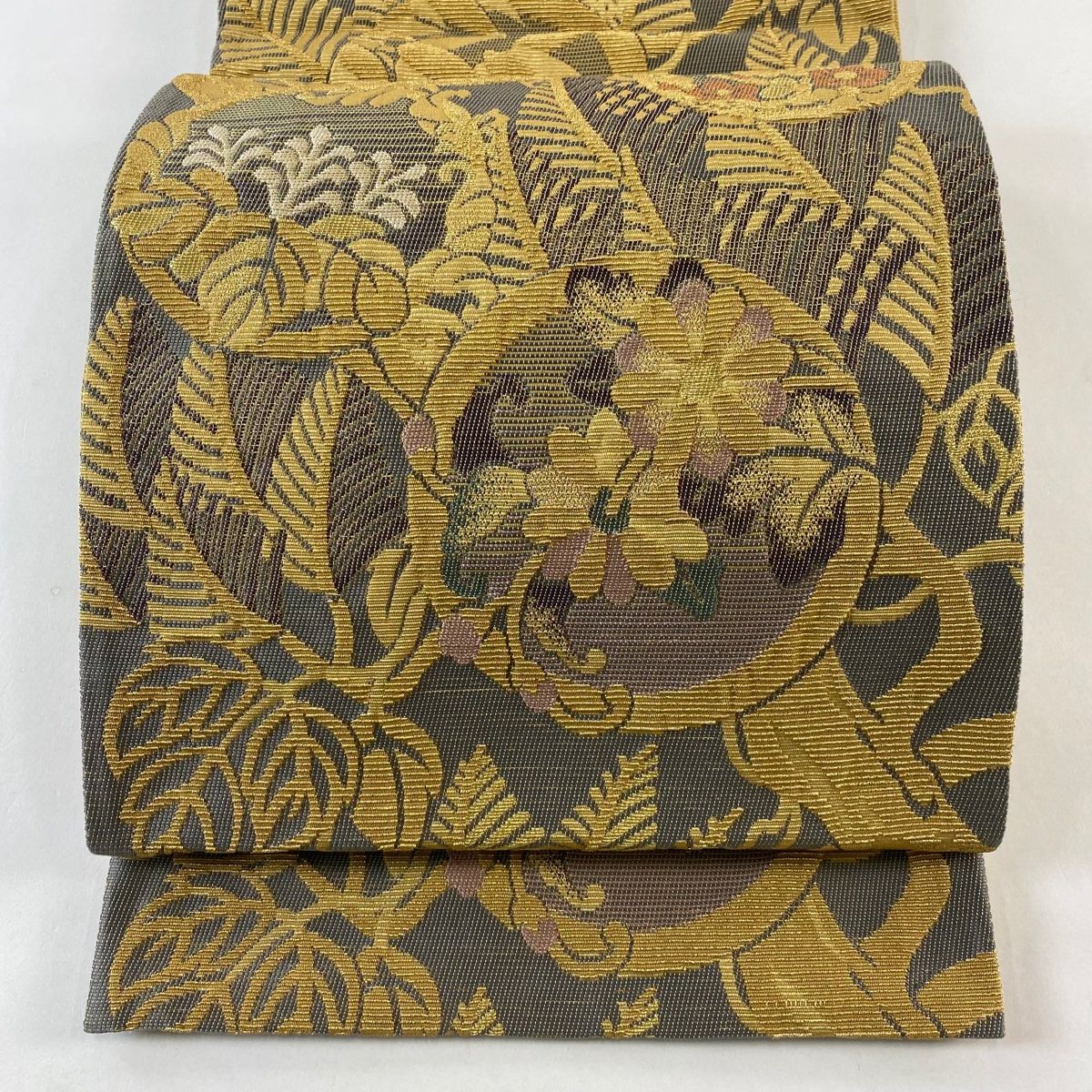 袋帯 梅 菊 金糸 箔 灰色 お太鼓柄 正絹