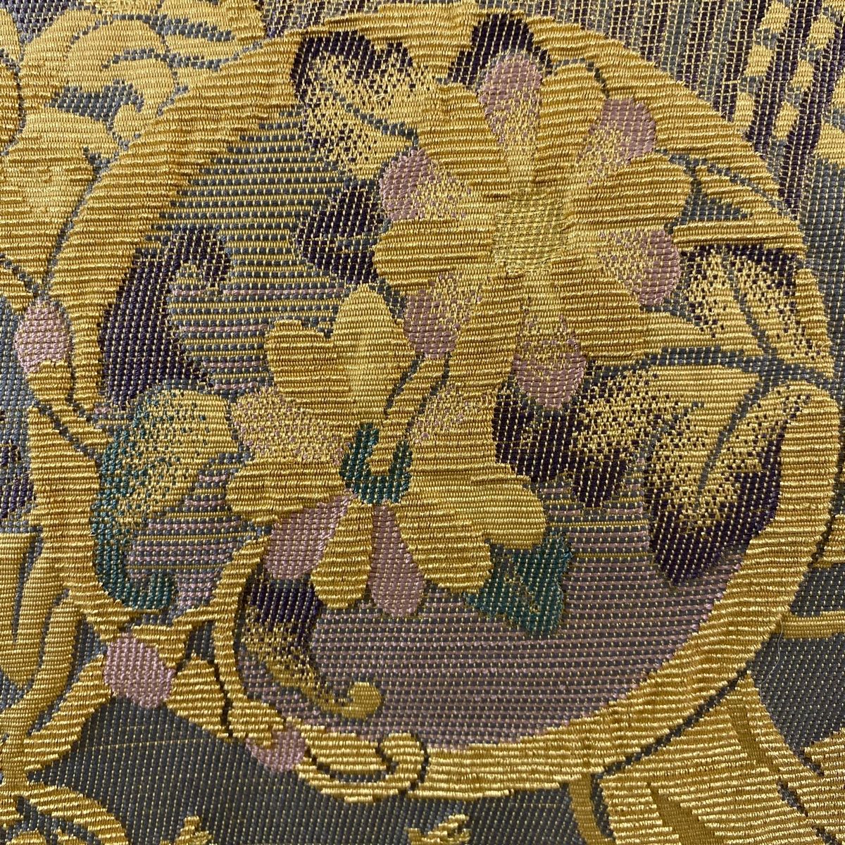 袋帯 梅 菊 金糸 箔 灰色 お太鼓柄 正絹