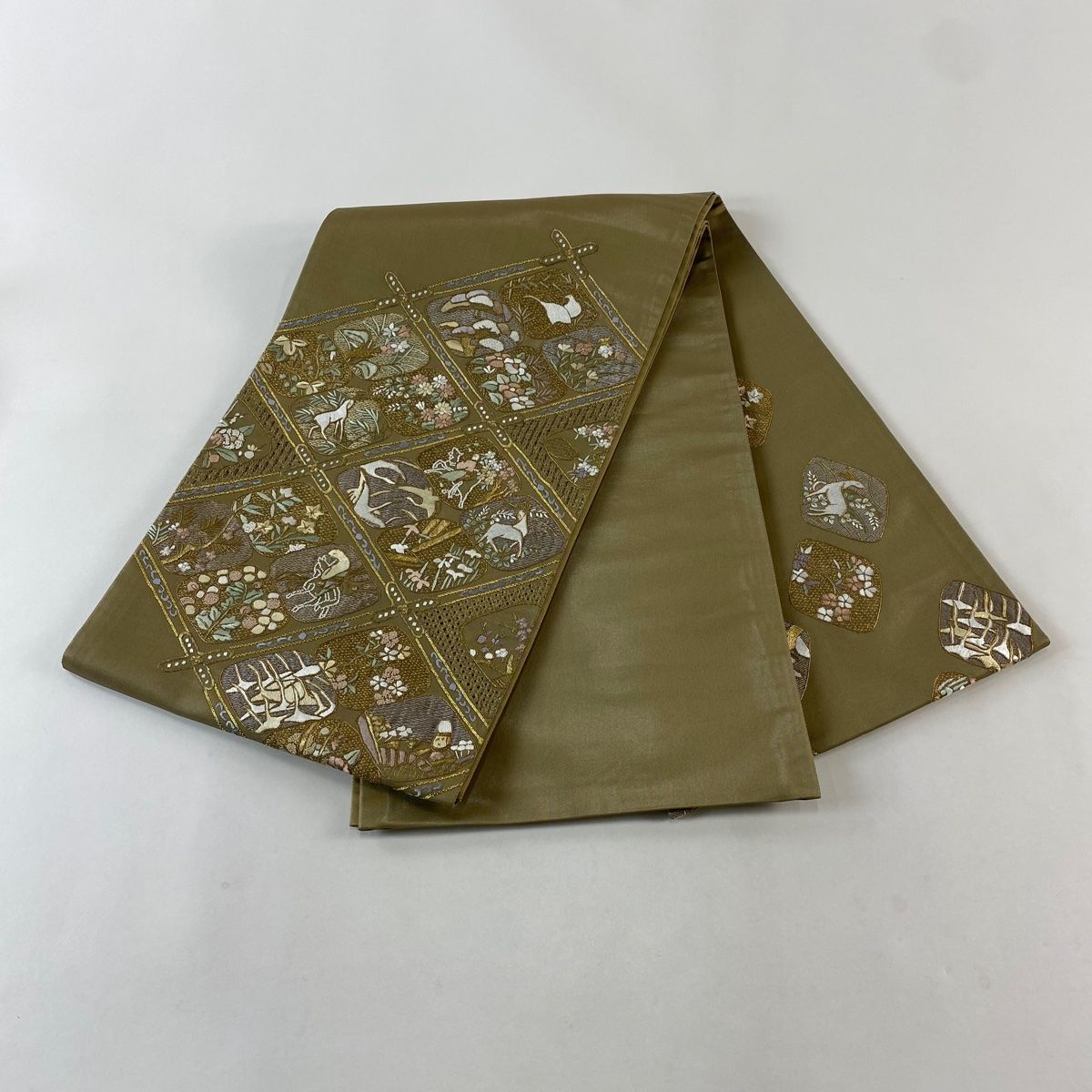  袋帯 格天井 花鳥 金糸 刺繍 鶯色 お太鼓柄 正絹 袋帯 帯