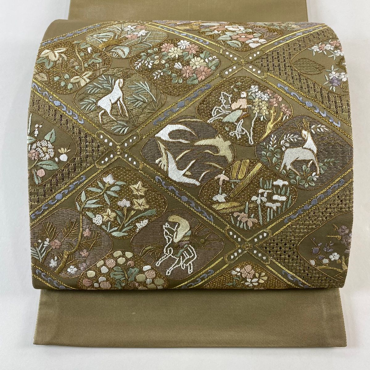 袋帯 格天井 花鳥 金糸 刺繍 鶯色 お太鼓柄 正絹