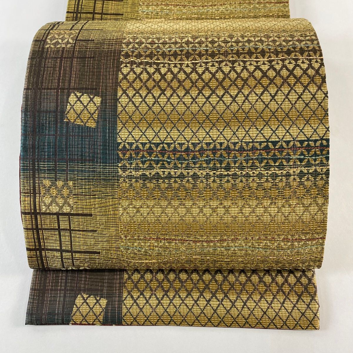 袋帯 リバーシブル 七宝 斜め格子 山吹茶色 六通 正絹