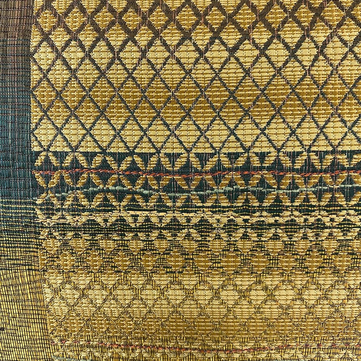 袋帯 リバーシブル 七宝 斜め格子 山吹茶色 六通 正絹