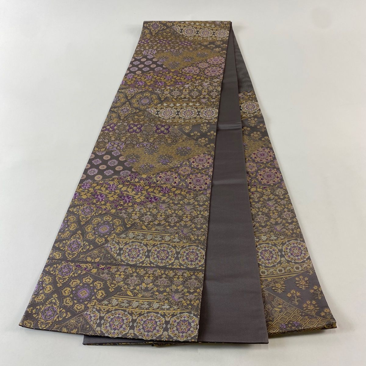  袋帯 箔屋清兵衛 落款 西陣織 華文 菱 箔 灰紫 六通 正絹 袋帯 帯