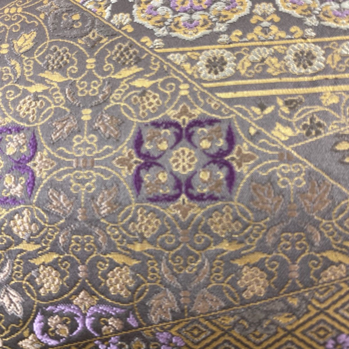 袋帯 箔屋清兵衛 落款 西陣織 華文 菱 箔 灰紫 六通 正絹