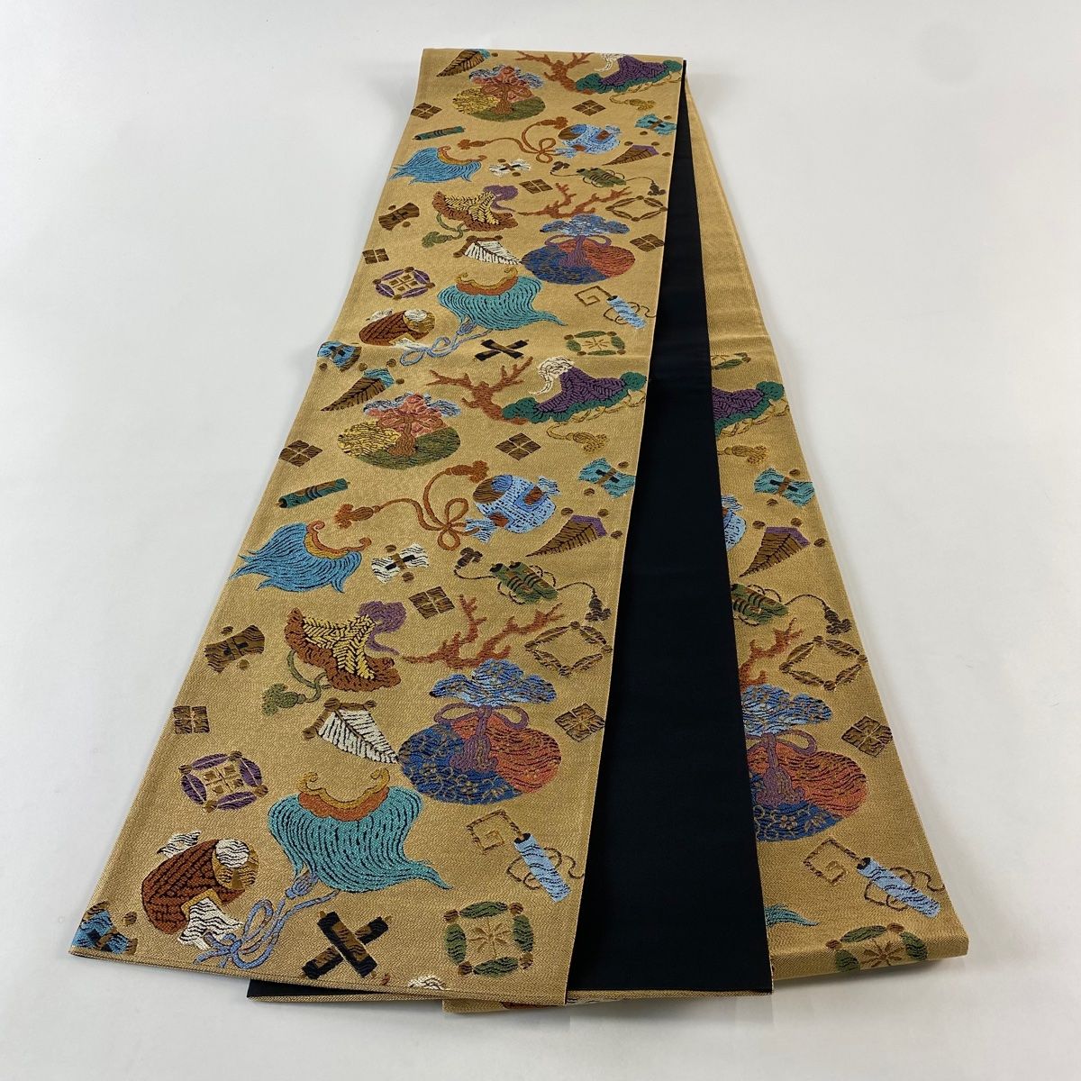  袋帯 宝尽くし 箔 茶色 六通 正絹 袋帯 帯