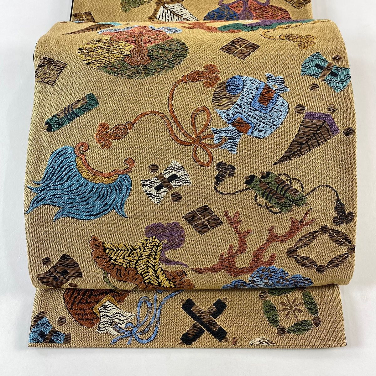 袋帯 宝尽くし 箔 茶色 六通 正絹