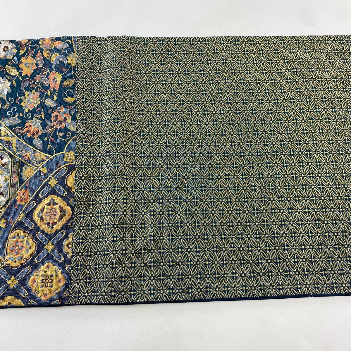  袋帯 紹巴 華文 花唐草 金糸 箔 青緑 六通 正絹 袋帯 帯