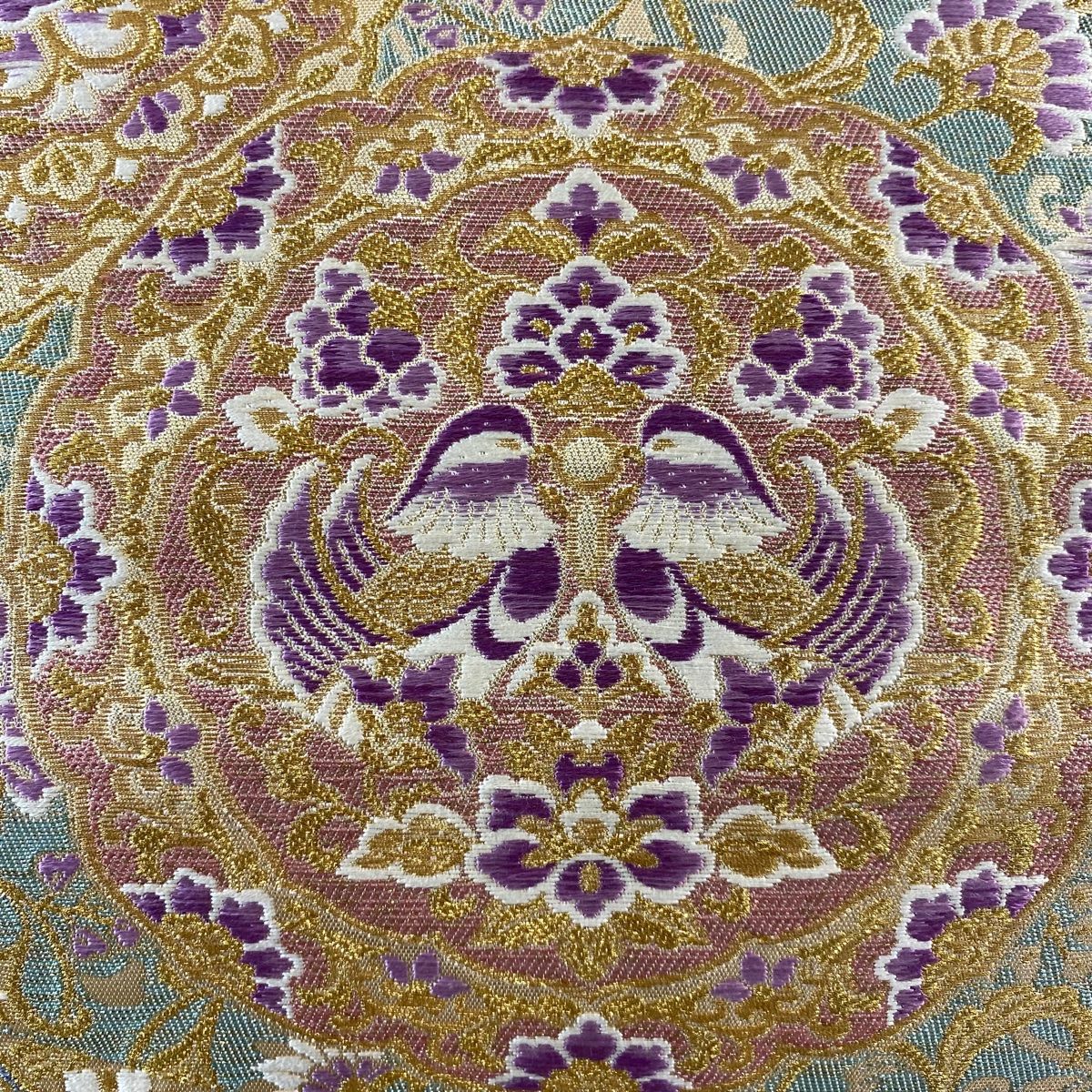 じゅらく帝王紫　袋帯　帯締め　帯揚げ　落款 408my13◇じゅらく 帝王紫 落款 きものやまと 鏡裏文 鳥 金糸 袋帯