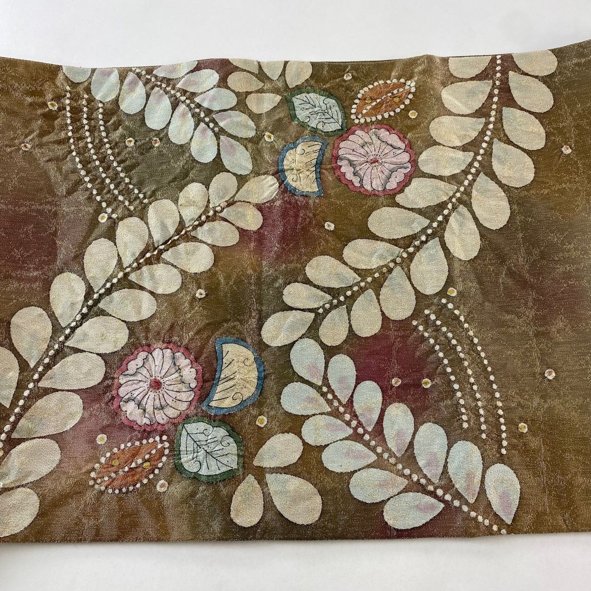  袋帯 落款 辻が花柄 金糸 茶緑色 お太鼓柄 正絹 袋帯 帯