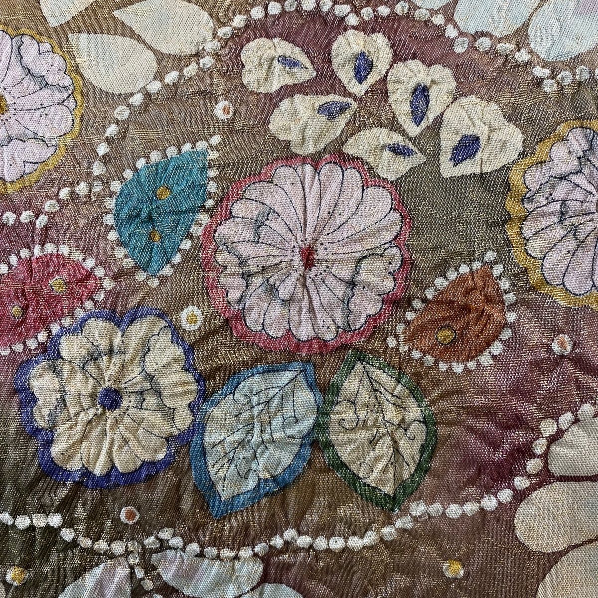 袋帯 落款 辻が花柄 金糸 茶緑色 お太鼓柄 正絹