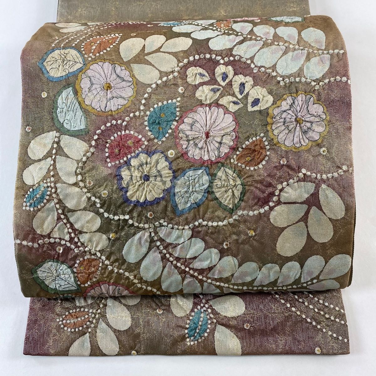 袋帯 落款 辻が花柄 金糸 茶緑色 お太鼓柄 正絹