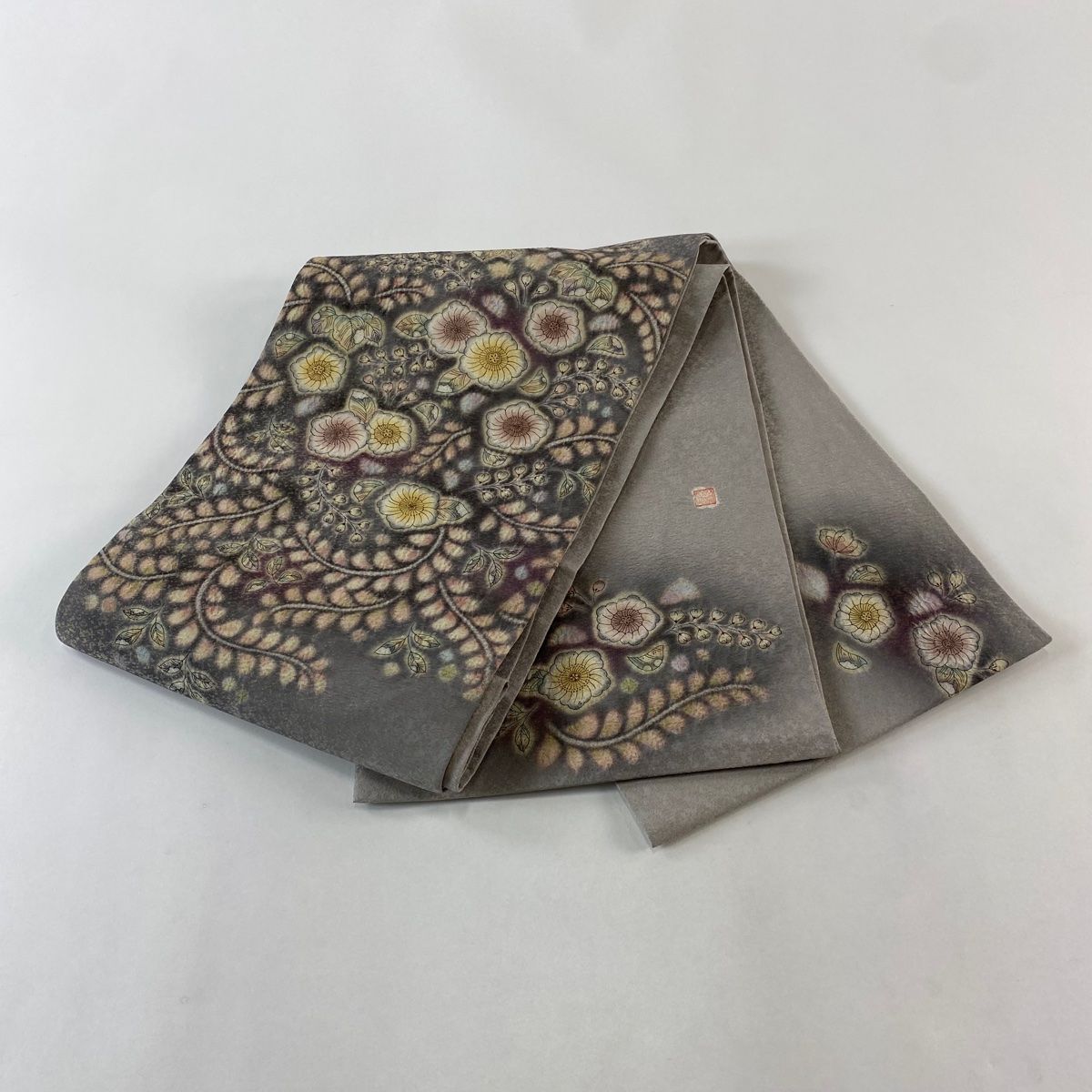  袋帯 落款 辻が花柄 金糸 灰紫 お太鼓柄 正絹 袋帯 帯