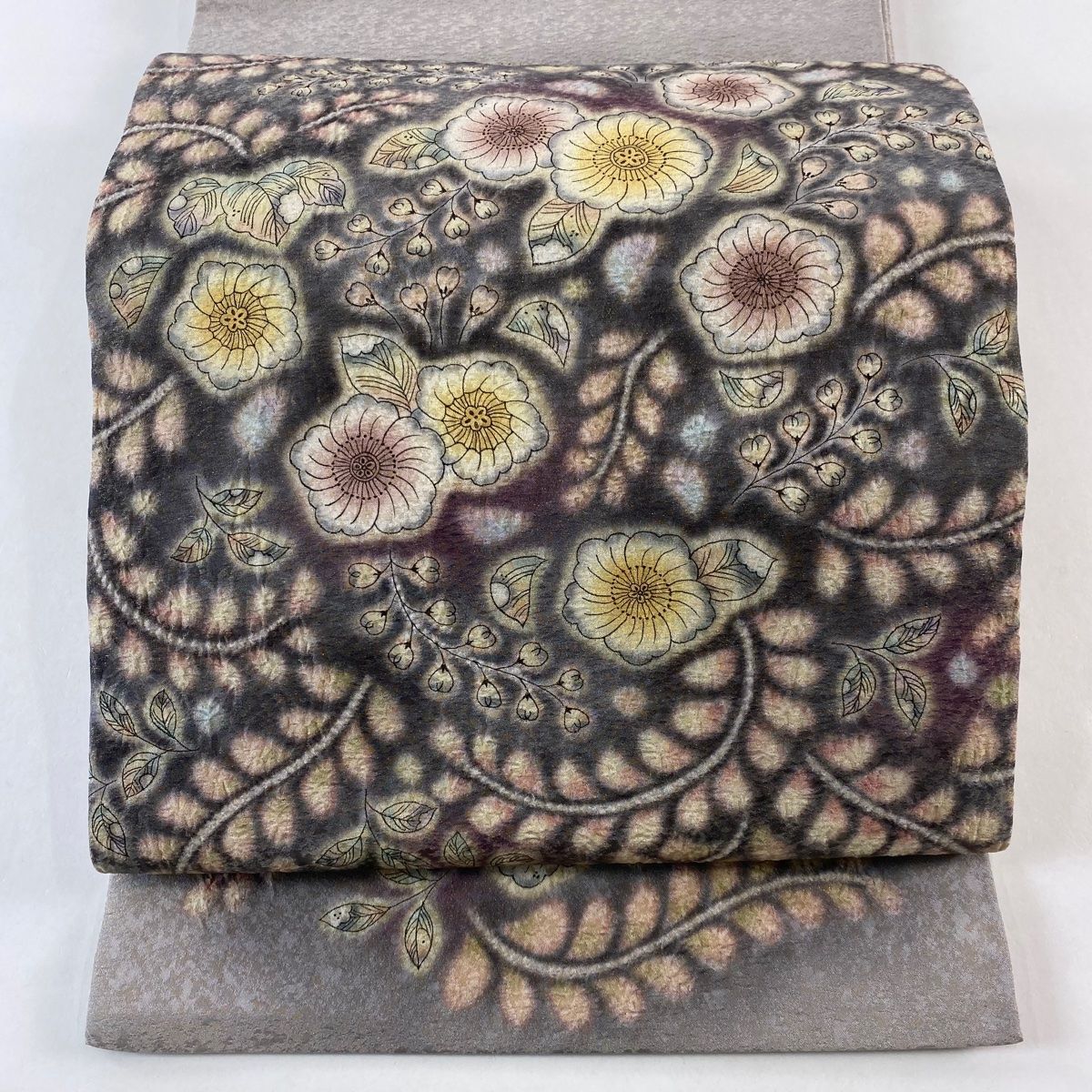 袋帯 落款 辻が花柄 金糸 灰紫 お太鼓柄 正絹