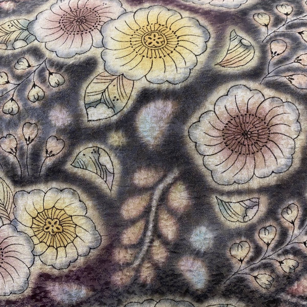 袋帯 落款 辻が花柄 金糸 灰紫 お太鼓柄 正絹