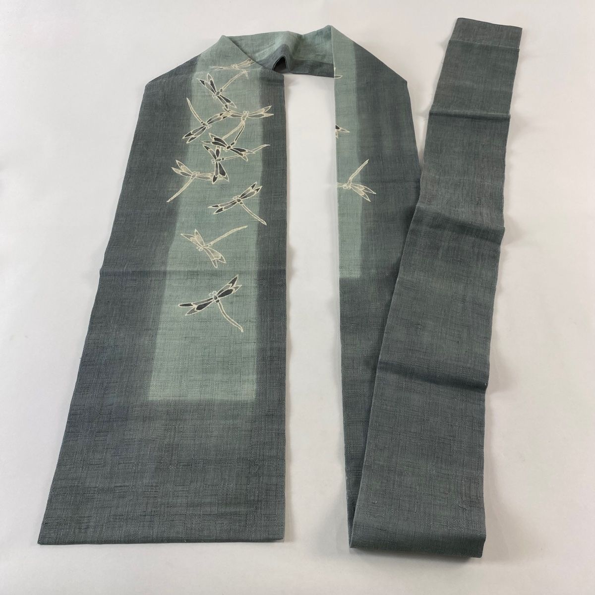  名古屋帯 紬地 とんぼ 青灰色 正絹 名古屋帯 帯