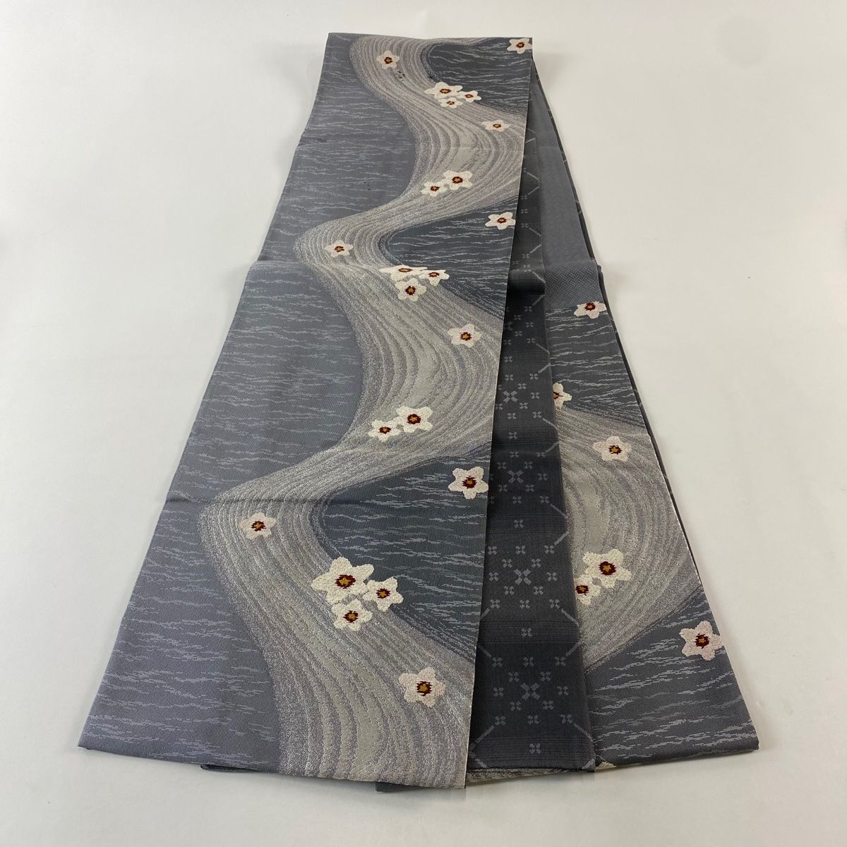  袋帯 やまと 梅 流水 刺繍 灰色 六通 正絹 袋帯 帯