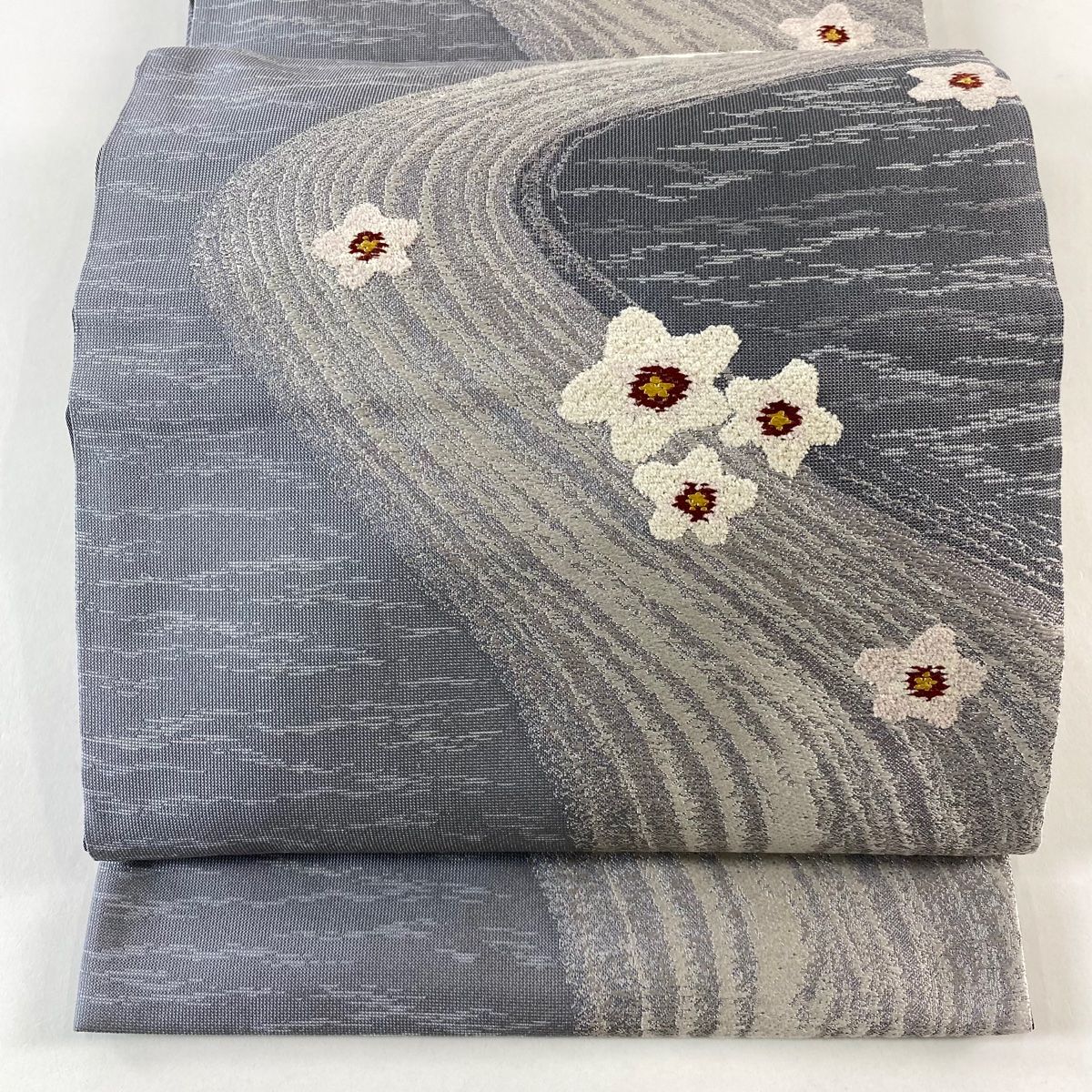 袋帯 やまと 梅 流水 刺繍 灰色 六通 正絹