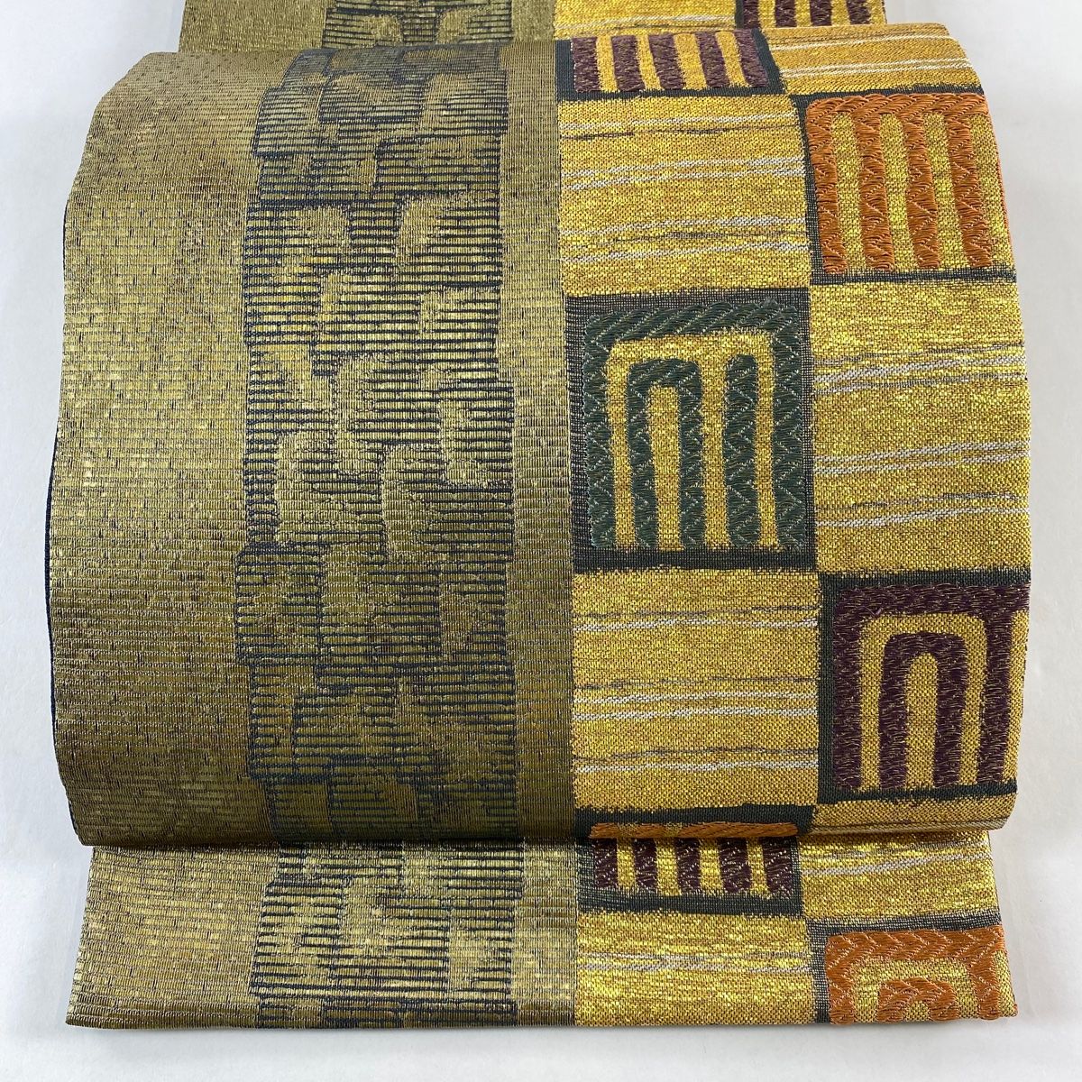 袋帯 羅紗庵 幾何学 箔 金色 六通 正絹